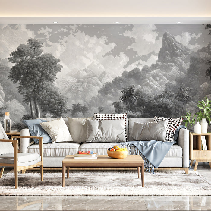 Dramatic Monochrome Jungle Mural Wallpaper | Majestic Landscape & Mountains