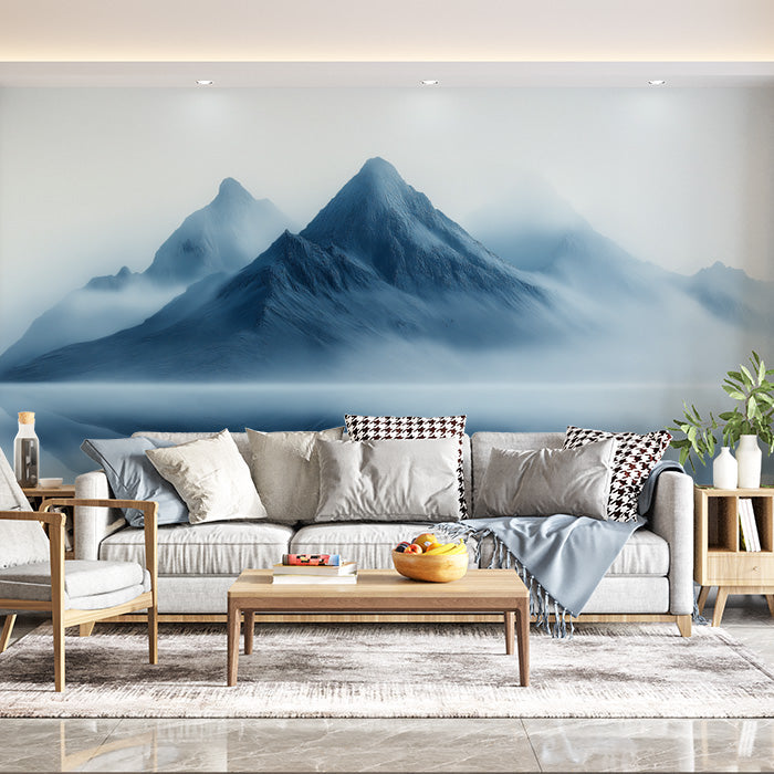Blue Mountain Mural Wallpaper in Living Room | Blue, Gray, and White Mountain