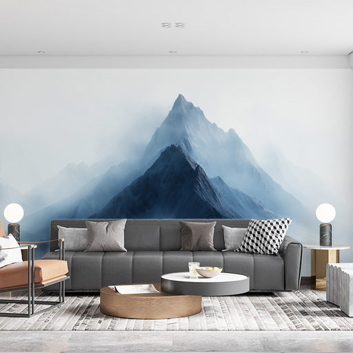 Blue Mountain Mural Wallpaper in Living Room | Blue, Gray, and White Mountain -1