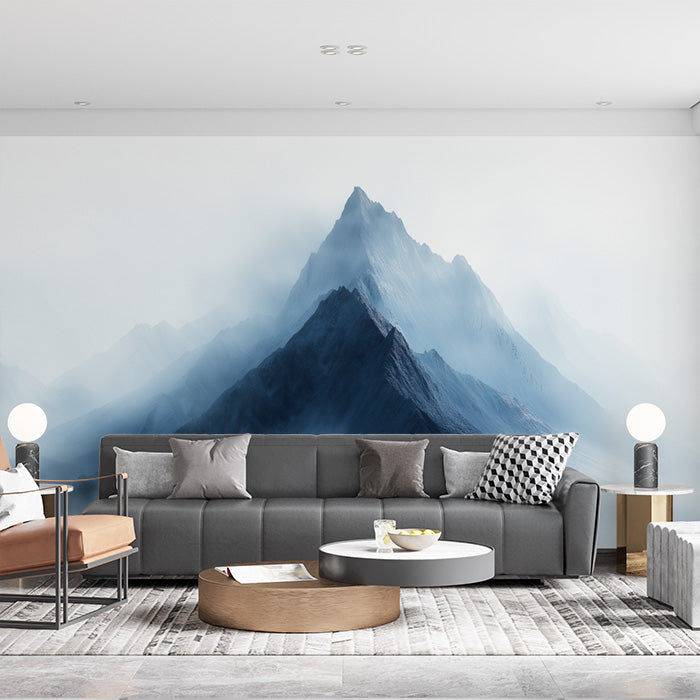 Blue Mountain Mural Wallpaper in Living Room | Blue, Gray, and White Mountain -1