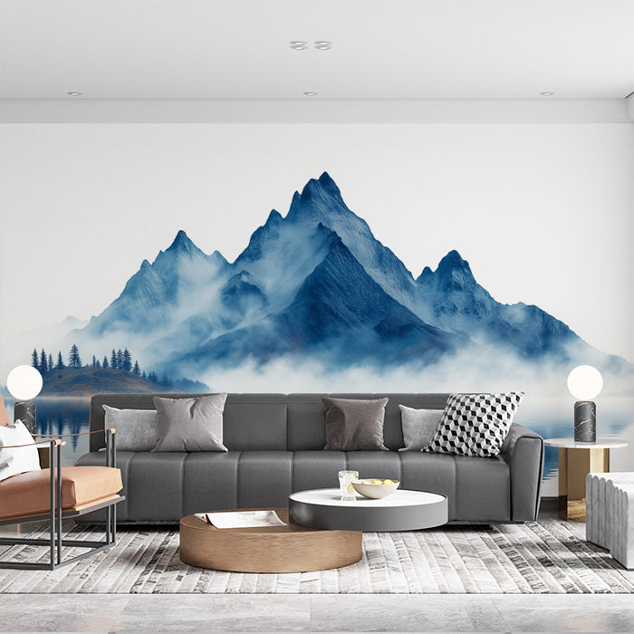 Blue Mountain Mural Wallpaper in Living Room | Blue, Gray, and White Mountain -2