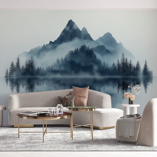 Blue Mountain Mural Wallpaper in Living Room | Blue, Gray, and White Mountain -3