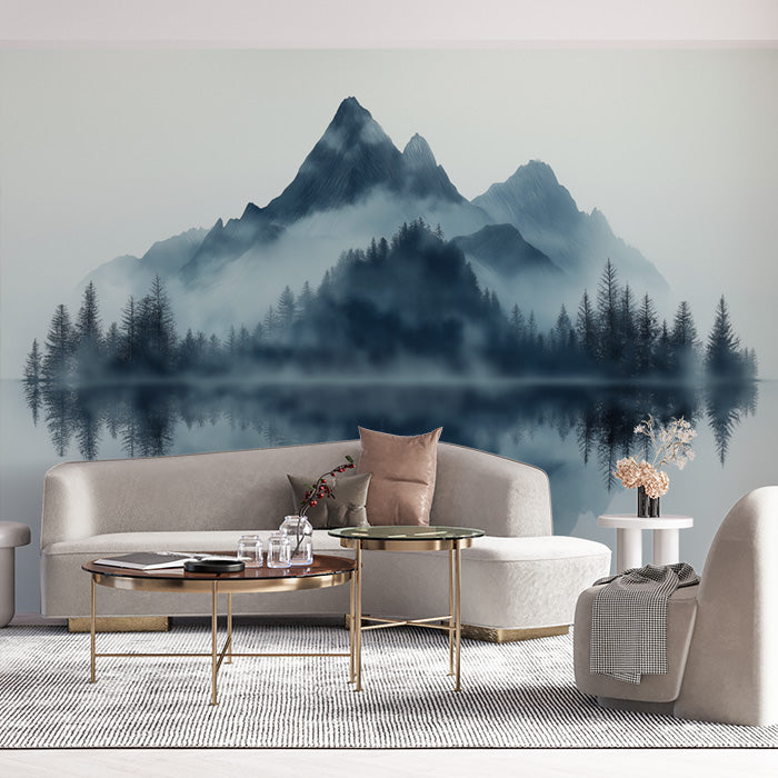Blue Mountain Mural Wallpaper in Living Room | Blue, Gray, and White Mountain -3