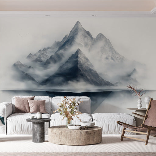 Gray Mountain Mural Wallpaper in Living Room | Gray, White, and Blue Mountain
