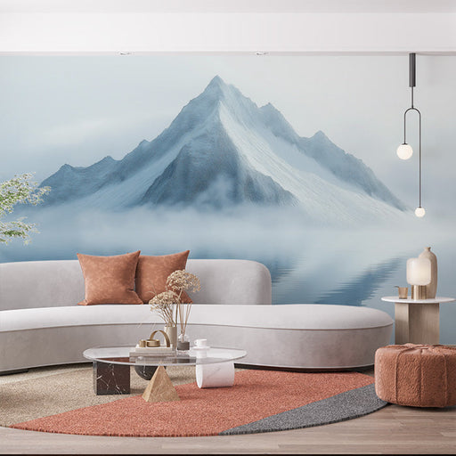 Gray Mountain Mural Wallpaper in Living Room | Gray, White, and Blue Mountain -1