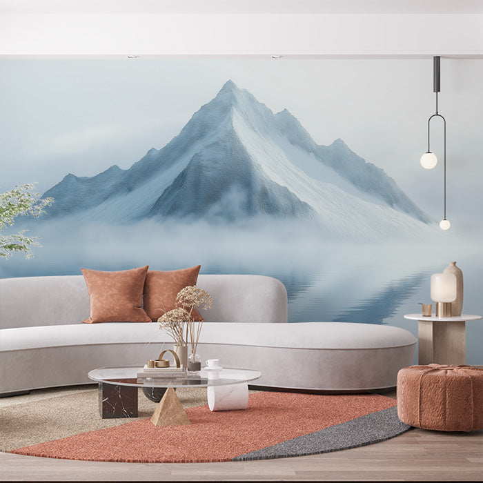 Gray Mountain Mural Wallpaper in Living Room | Gray, White, and Blue Mountain -1