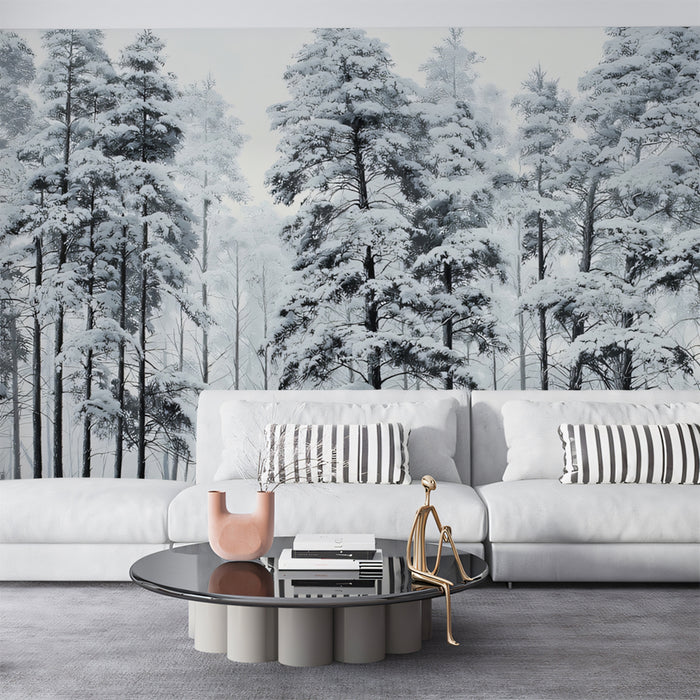 Snowy Pine Forest Mural Wallpaper | Serene Winter Landscape