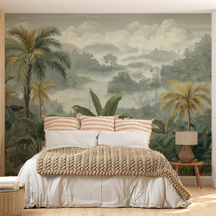 Tropical Jungle Mural Wallpaper | Lush Greenery with Misty Mountains
