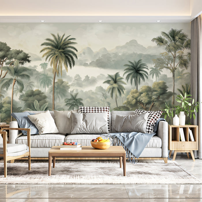 Tropical Jungle Mural Wallpaper | Lush Wildlife & Misty Landscape