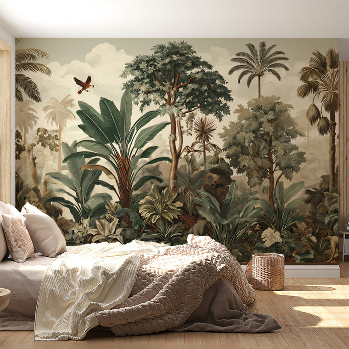 Vintage Tropical Jungle Mural Wallpaper | Lush Wildlife & Misty Landscape