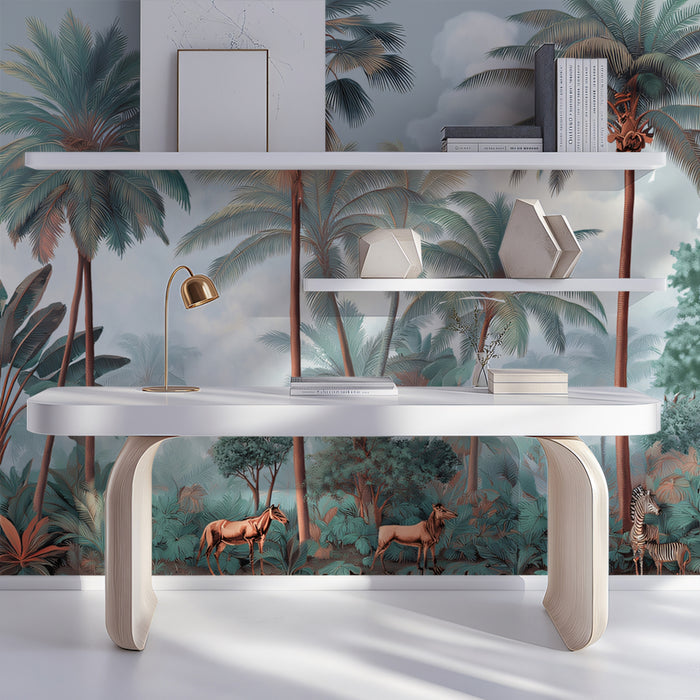 Vintage Tropical Mural Wallpaper | Exotic Wildlife & Misty Landscape
