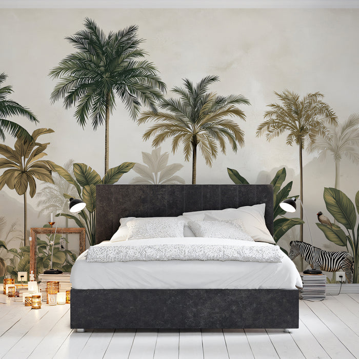 Vintage Tropical Mural Wallpaper | Exotic Wildlife & Misty Landscape
