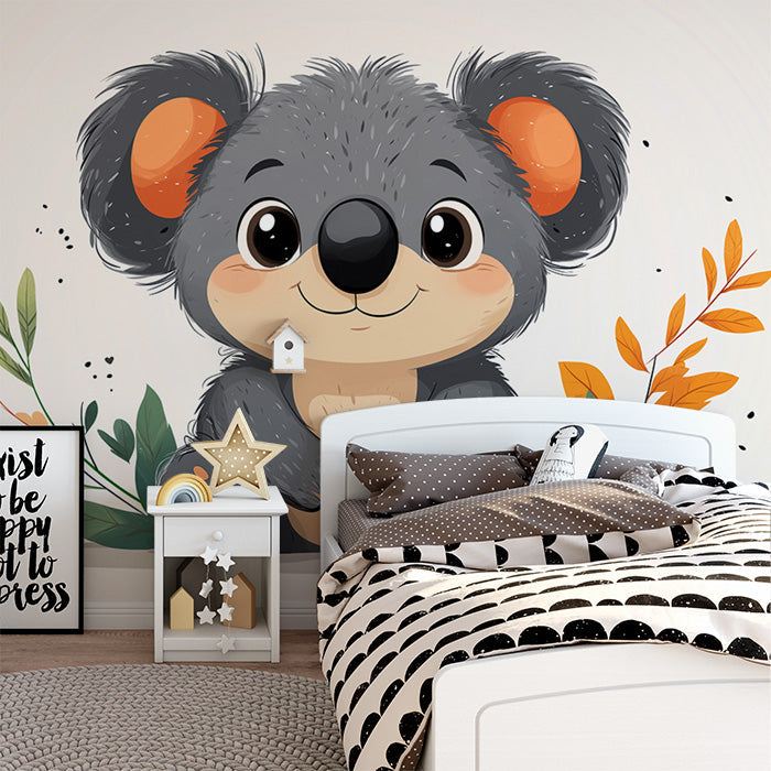 Koala Mural Wallpaper in Bedroom | Gray, Orange, Green, and Various Colors Koala