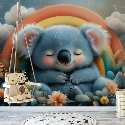 Blue Sleeping Koala with Rainbow Mural Wallpaper in Playroom | Blue, Orange, Yellow, and Various Colors  Sleeping Koala