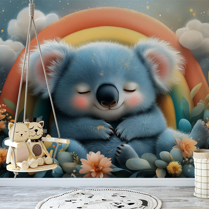 Blue Sleeping Koala with Rainbow Mural Wallpaper in Playroom | Blue, Orange, Yellow, and Various Colors Sleeping Koala
