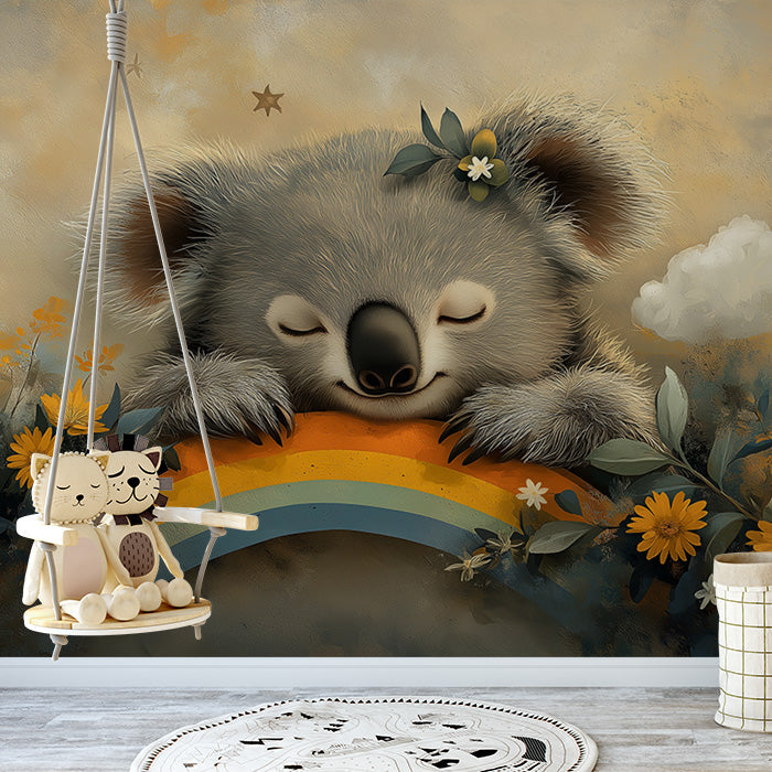 Blue Sleeping Koala with Rainbow Mural Wallpaper in Playroom | Blue, Orange, Yellow, and Various Colors Sleeping Koala -1