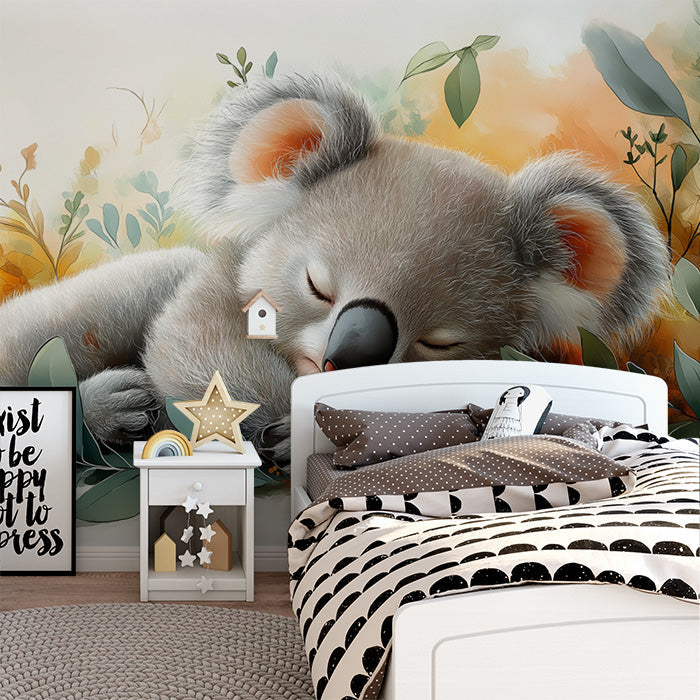 Blue Sleeping Koala with Rainbow Mural Wallpaper in Playroom | Blue, Orange, Yellow, and Various Colors Sleeping Koala -2