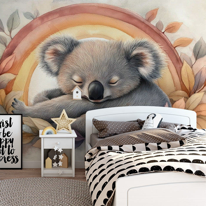 Blue Sleeping Koala with Rainbow Mural Wallpaper in Playroom | Blue, Orange, Yellow, and Various Colors Sleeping Koala -3