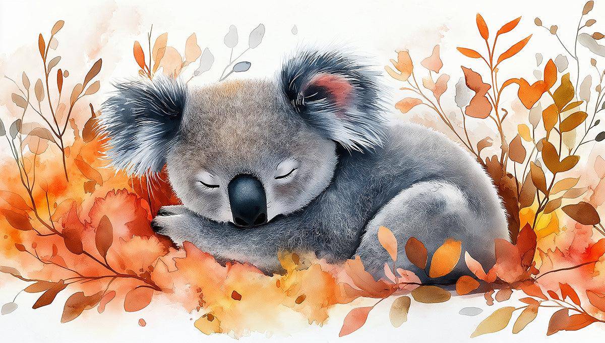 Sueño de Koala Azul con Murales Arcoíris en Sala de Juegos | Koala Durmiendo Azul, Naranja, Amarillo y Varios Colores
