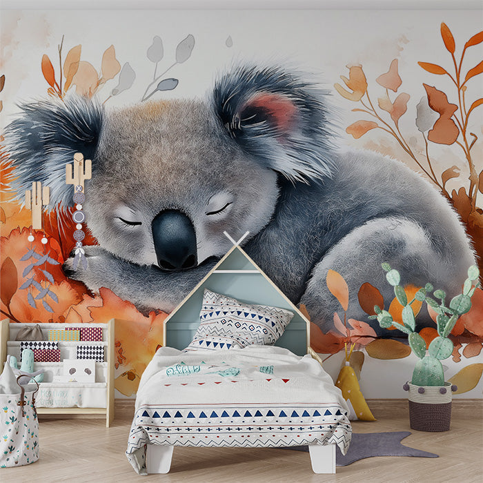 Blue Sleeping Koala with Rainbow Mural Wallpaper in Playroom | Blue, Orange, Yellow, and Various Colors Sleeping Koala -4
