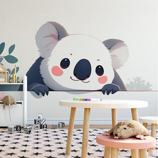 White Koala Mural Wallpaper in Playroom | White, Gray, Pink, and Green Koala