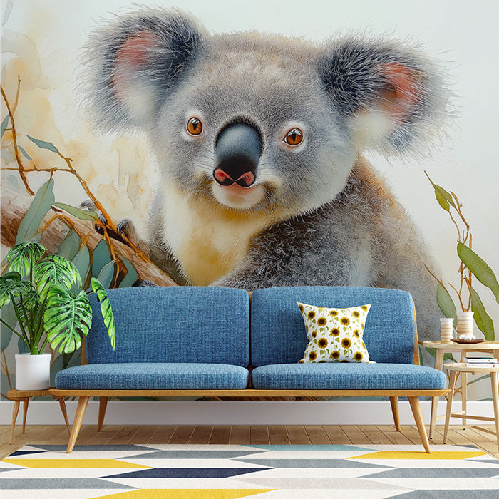 Realistic Koala Mural Wallpaper in Living Room | Gray, Brown, Yellow, and Green Koala