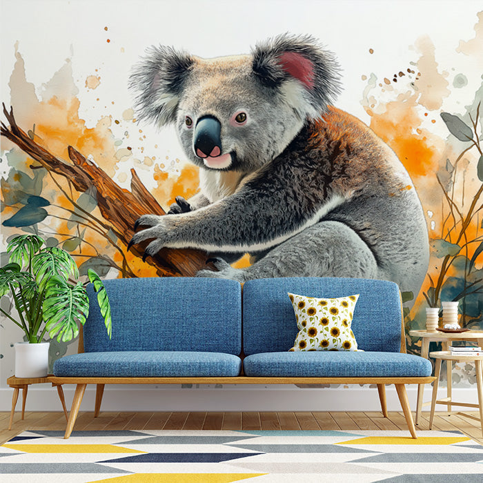 Realistic Koala Mural Wallpaper in Living Room | Gray, Brown, Yellow, and Green Koala-1
