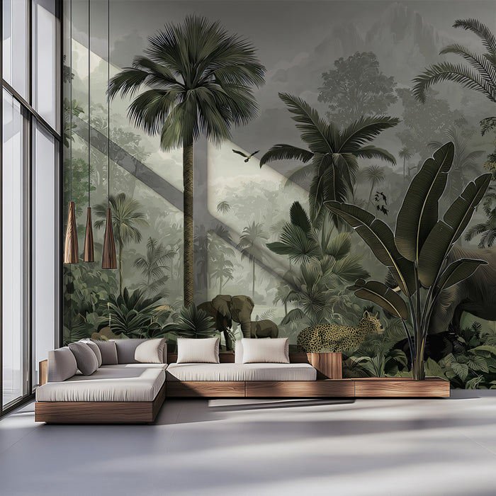 Vintage Tropical Mural Wallpaper | Exotic Wildlife & Misty Landscape