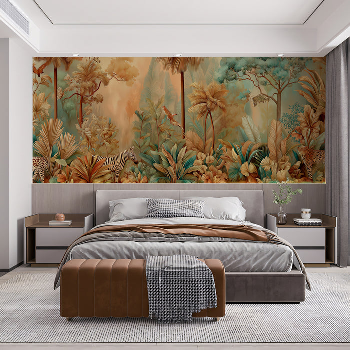 Vintage Tropical Mural Wallpaper | Sepia-Toned Jungle with Wildlife