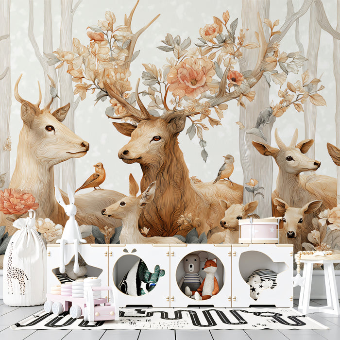 Whimsical Deer Mural Wallpaper | Romantic Forest with Flowers