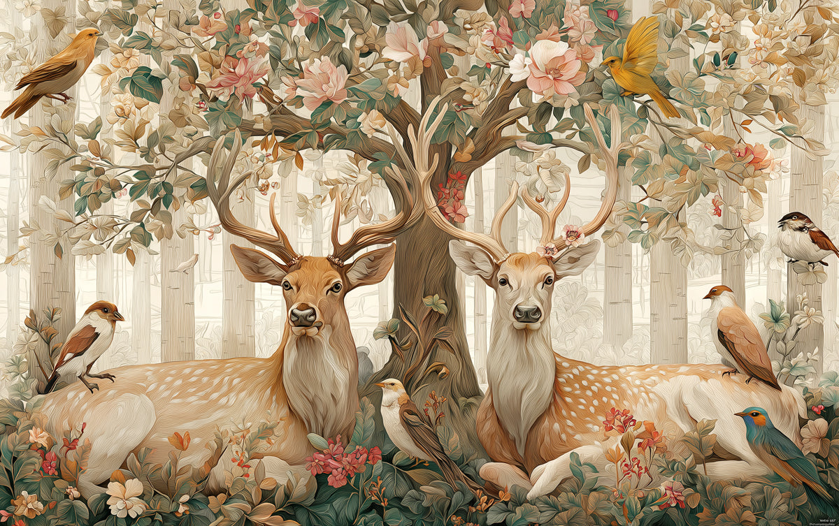Two deer surrounded by flowers, birds, and foliage in a forest setting