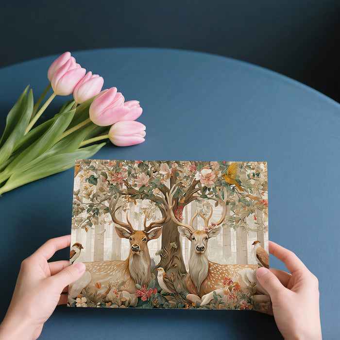 Person holding a card with deer and floral design on a blue surface with pink tulips.