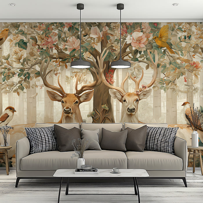 Living room with a large wall mural of deer and nature, featuring a sofa and coffee table.