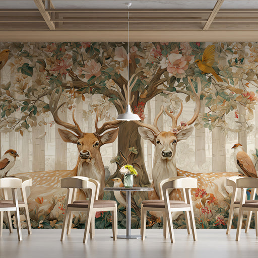 Dining area with a large wall mural of deer and nature, featuring chairs and a table.