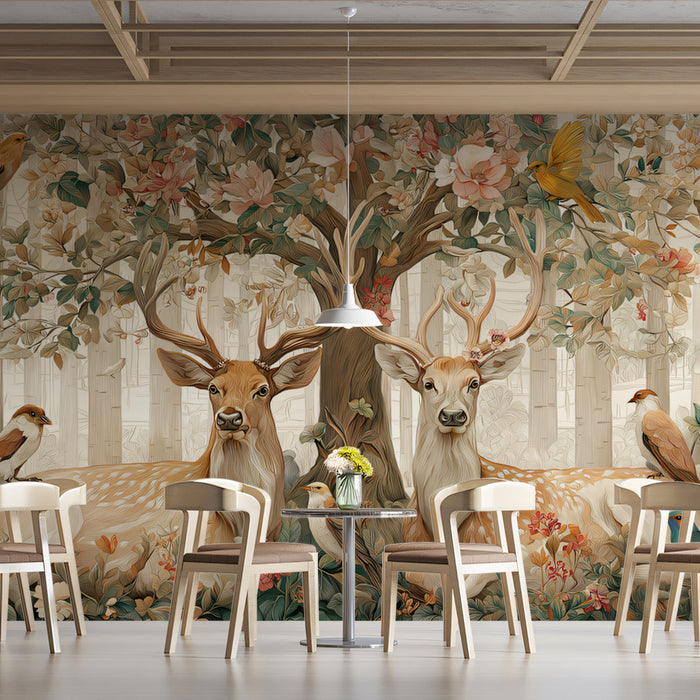 Enchanting Deer & Bird Mural Wallpaper | Lush Forest with Flowers