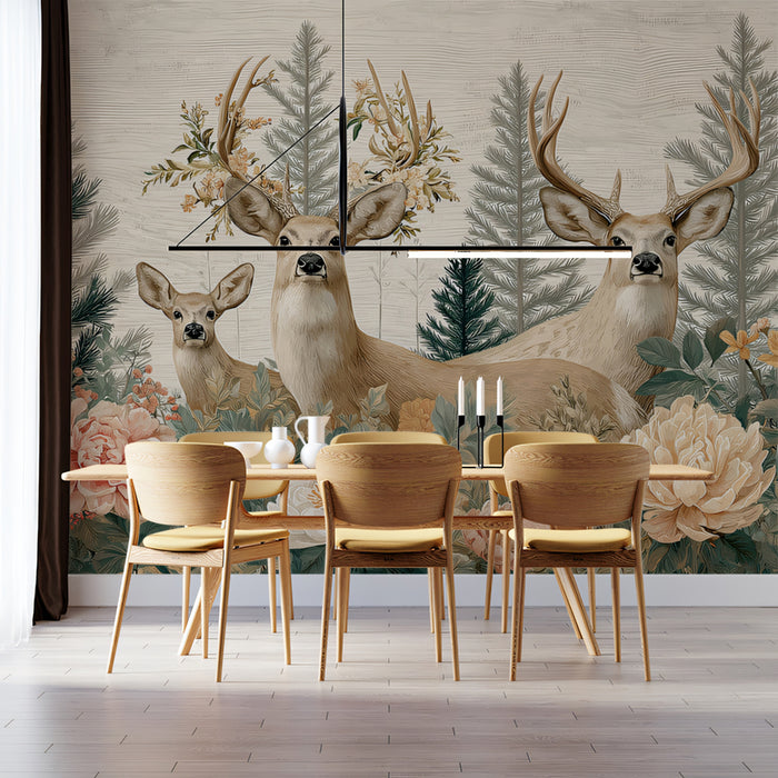 Rustic Deer Mural Wallpaper | Charming Woodland with Flowers