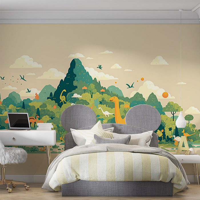 Dinosaur and Mountain Mural Wallpaper in Bedroom | Various Colors (Green, Yellow, Blue, etc.) of Dinosaur