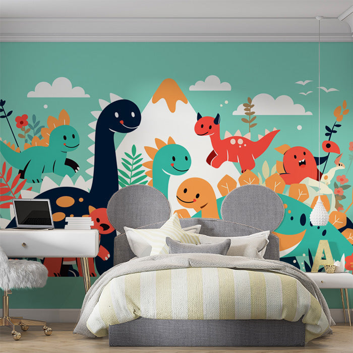 Dinosaur and Mountain Mural Wallpaper in Bedroom | Various Colors (Green, Yellow, Blue, etc.) of Dinosaur