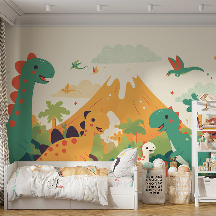 Dinosaur and Mountain Mural Wallpaper in Bedroom | Various Colors (Green, Yellow, Blue, etc.) of Dinosaur