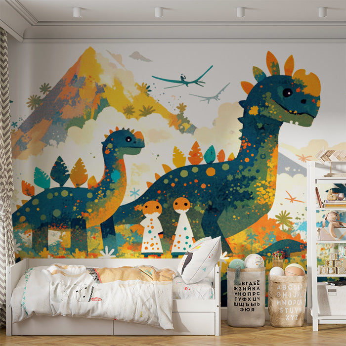 Dinosaur and Mountain Mural Wallpaper in Bedroom | Various Colors (Green, Yellow, Blue, etc.) of Dinosaur