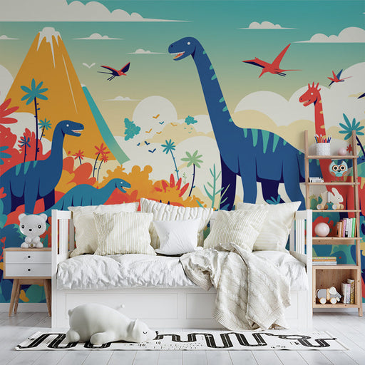 Dinosaur and Mountain Mural Wallpaper in Bedroom | Various Colors (Green, Yellow, Blue, etc.) of Dinosaur