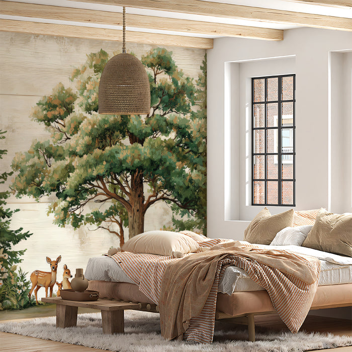 Rustic Forest Mural Wallpaper | Peaceful Deer & Lush Greenery