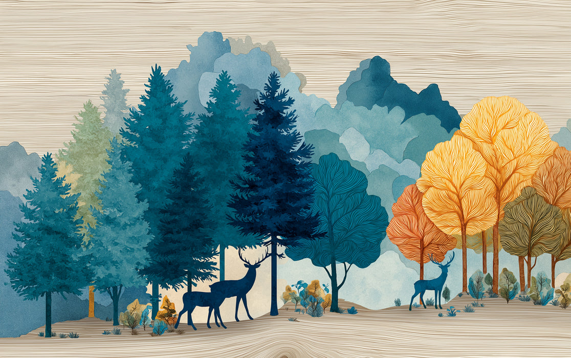 Abstract Deer Forest Mural Wallpaper | Colorful Trees & Wood Grain Texture