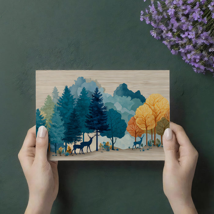 Abstract Deer Forest Mural Wallpaper | Colorful Trees & Wood Grain Texture