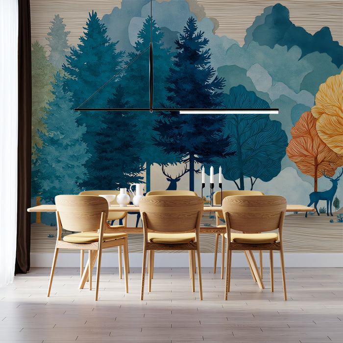 Abstract Deer Forest Mural Wallpaper | Colorful Trees & Wood Grain Texture