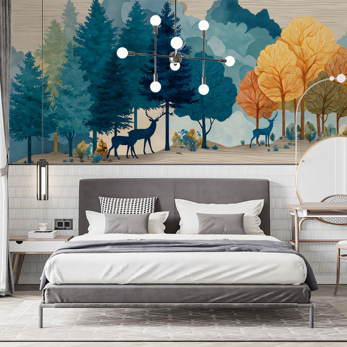 Abstract Deer Forest Mural Wallpaper | Colorful Trees & Wood Grain Texture