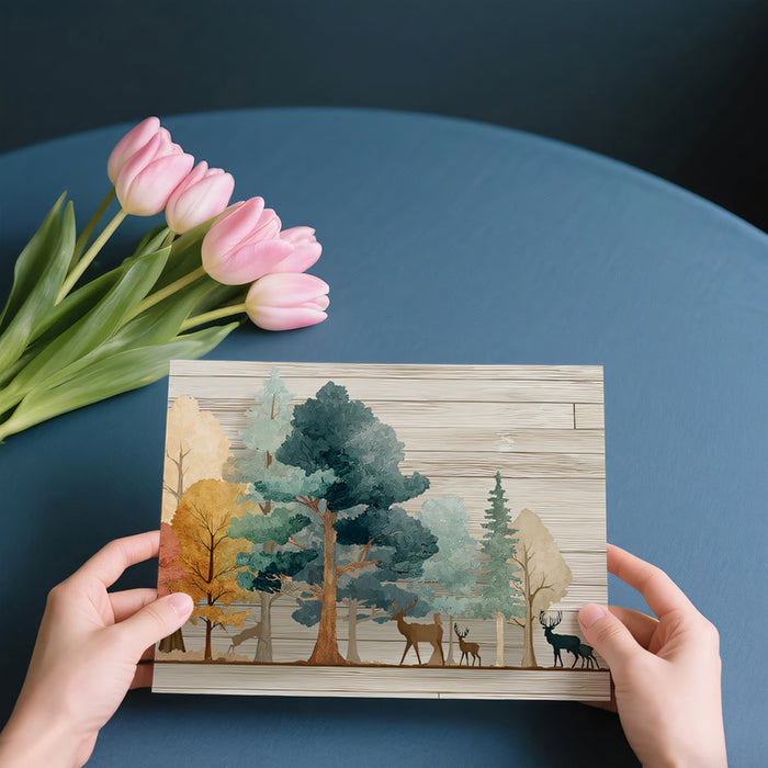 Rustic Deer Forest Mural Wallpaper | Colorful Trees & Wood Grain Texture