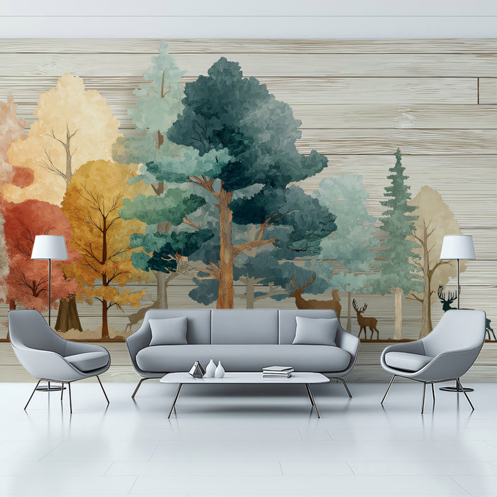Rustic Deer Forest Mural Wallpaper | Colorful Trees & Wood Grain Texture