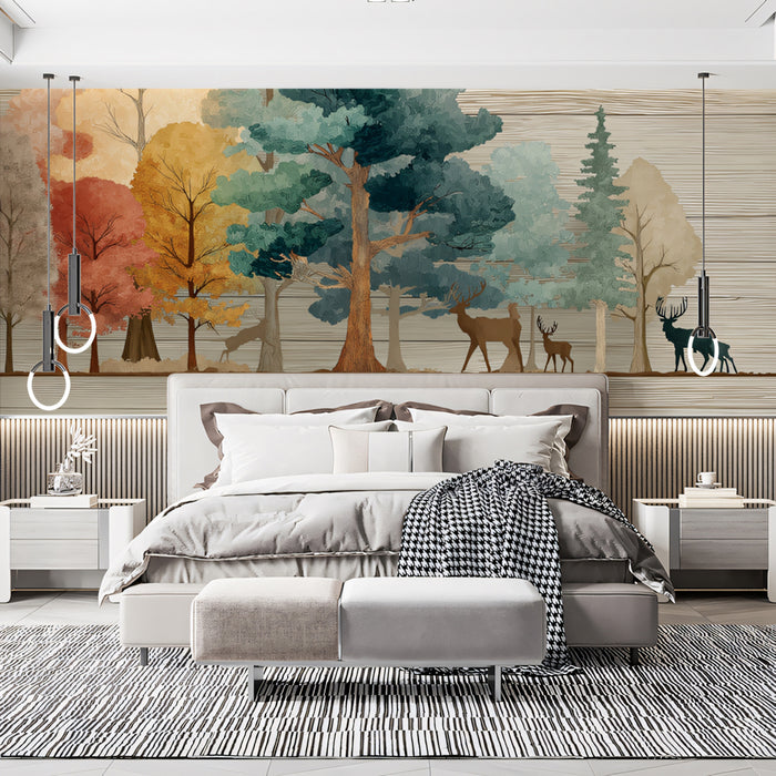 Rustic Deer Forest Mural Wallpaper | Colorful Trees & Wood Grain Texture