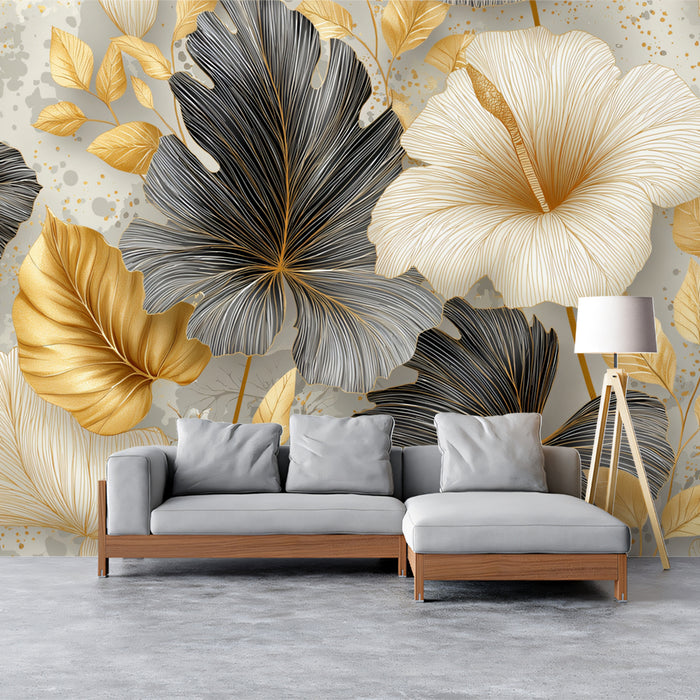 Gilded Tropical Floral Mural Wallpaper | Gold & Monochrome Leaves